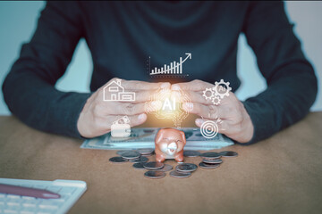 AI-driven smart savings and financial planning concept. A person interacts with interface powered by artificial intelligence to analyze income, set budget goals, optimize future wealth accumulation.