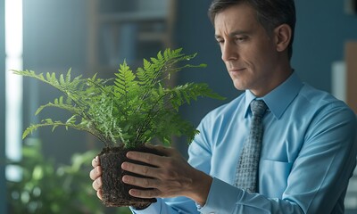 Businessman in formal shirt holding green fern with roots, ideal for illustrating corporate sustainability and eco-friendly workplace concepts