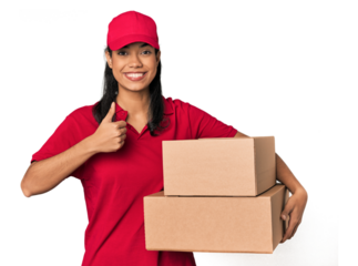 Young Filipina courier with two packages smiling and raising thumb up