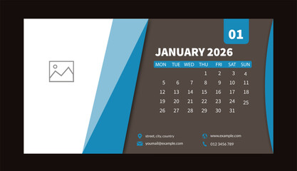 2026 Desk Calendar Template,Modern 2026 Desk Calendar Layout,Clean Corporate 2026 Desk Calendar