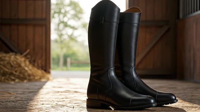 Equestrian riding boots black leather footwear on wood surface