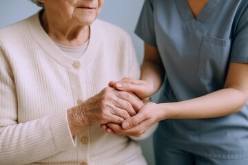 Caregiver softly holds elderly woman's hand, offering comfort and support during later life with tenderness and compassion
