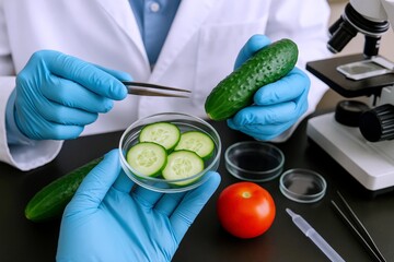 Cucumber slices undergo careful examination by scientist wearing blue gloves in lab, assessing freshness and potential for agricultural advancements under controlled conditions