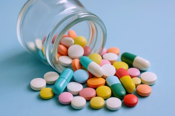 Colorful Pills Spilling From Glass Jar on Blue Background Depicts Health, Wellness, and Medication Concepts for Healthcare Industries