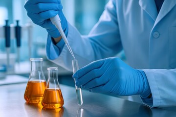 Dedicated scientist meticulously adds liquid to a test tube during an experiment, showcasing precision and innovation in medical research