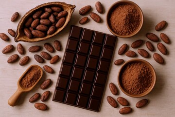 Dark chocolate bar surrounded by cocoa powder, beans, and pods offers a sweet indulgence, perfect for baking, dessert recipes, and illustrating confectionery delights