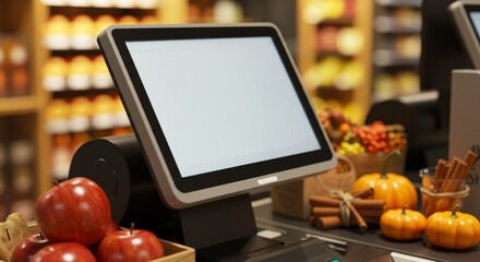 Modern checkout terminal surrounded by seasonal items, retail and holiday shopping atmosphere