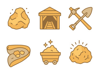 Gold mining icons set, gold nugget, mine tunnel, pick shovel, gold pan, mine cart