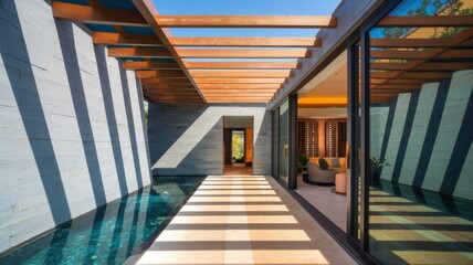 Modern luxury home entrance with a tranquil reflecting pool, sun-drenched walkway, and elegant architectural design, perfect for lifestyle branding