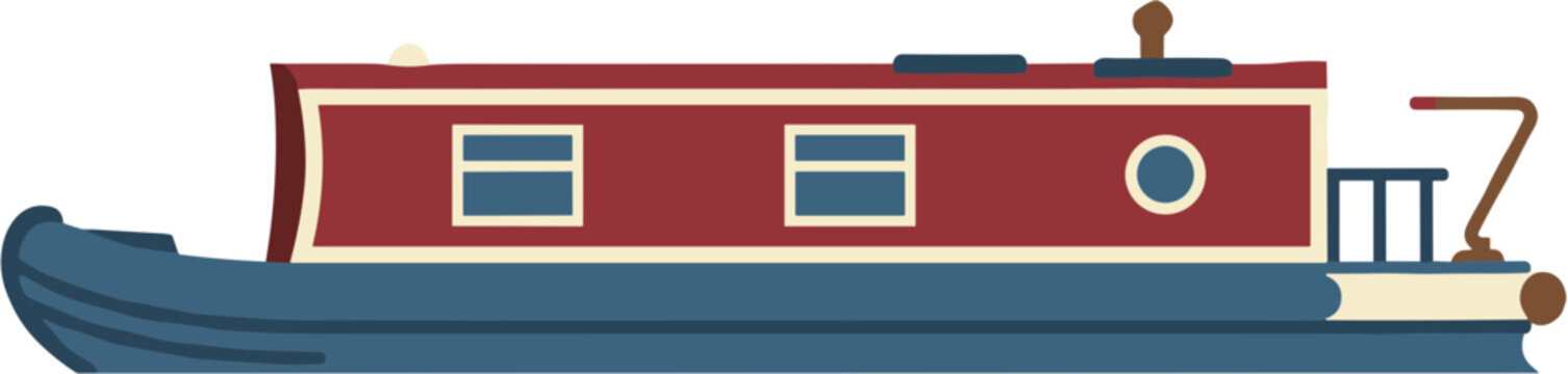 Flat Style Detailed Canal Boat Narrowboat Barge Transportation Isolated Illustration