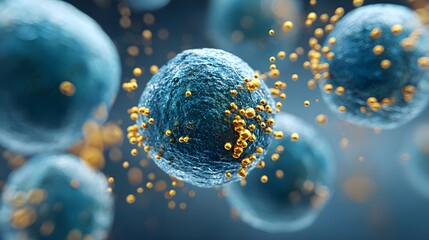 Simulated microscopic view of biological cells featuring a sphere shape with an intricate surface detail, showcasing tiny particles surrounding the cells, all presented against a soft gradient...