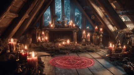 Explore ancient pagan Yule traditions in a mystical wooden cabin surrounded by candles and folklore artifacts
