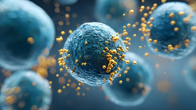 Simulated microscopic view of biological cells featuring a sphere shape with an intricate surface detail, showcasing tiny particles surrounding the cells, all presented against a soft gradient...