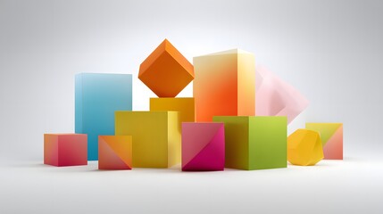 Obraz premium Composition features an array of abstract geometric shapes, primarily cubes, arranged in an artistic display with vibrant gradients of colors across a bright white background.