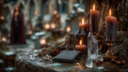 Obraz premium Celebrating ancient Yule traditions with candles, crystals, and natural elements in a mystical forest setting