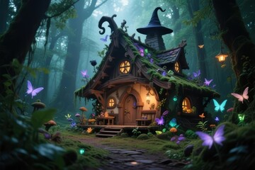 Fototapeta premium Enchanted Woodland Setting Including Enchantress Cottage
