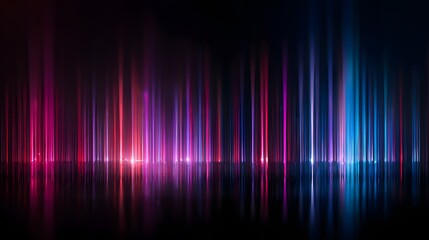 Captivating visual of vertical light streams in vibrant colors, including red, purple, and blue, creating an abstract futuristic atmosphere with reflections on a glossy surface, set against a dark...