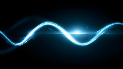 Glowing blue wave-like lines gracefully curve across a dark background, with bright illumination highlighting the flowing form, creating a dynamic and visually appealing abstract design.