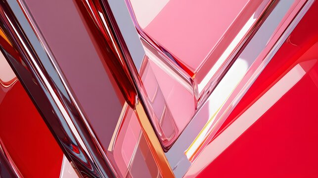 Detailed abstract composition showcases transparent, geometric shapes with vibrant red, pink, and gray color tones.