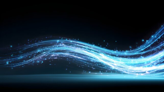Sparkling blue light trails flow dynamically across the dark backdrop, creating a sense of motion and digital energy with a multitude of glowing particles dispersed throughout, forming an abstract...