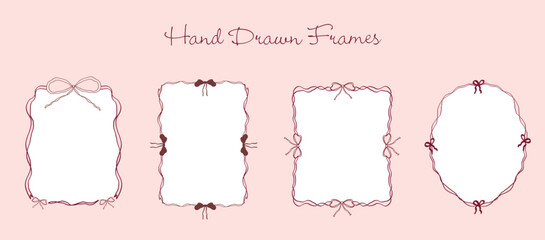 Hand drawn coquette frames with bows and ribbons. Elegant doodle vintage borders for wedding stationery, invitations, posters, prints and minimalist romantic design. Vector art illustration