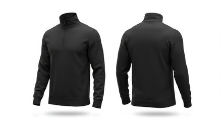 Blank Black Quarter-Zip Sweater Mockup: Front and Back View on White Backdrop