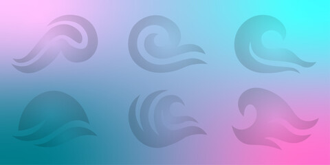 Abstract Wave Set: Elegant Line Art Ocean Icons, Modern Design, Dark Background. Collection of stylized ocean wave illustrations showcasing various shapes. Stylized fire or flame graphic elements. 