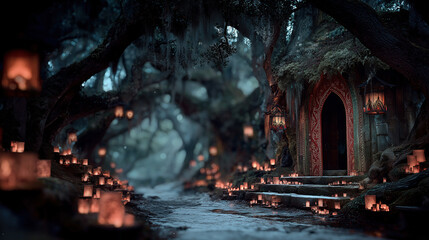 Obraz premium Explore the enchanting atmosphere of Yule with ancient pagan traditions and mystical lights