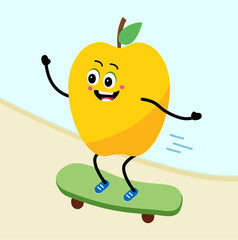 Cute apple character riding a skateboard. Cartoon Happy apple on skateboard.
