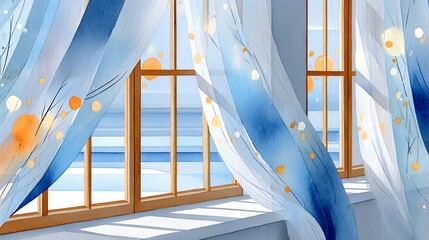 Watercolor Anime Style Window with Sheer Curtains and Scenic Background View