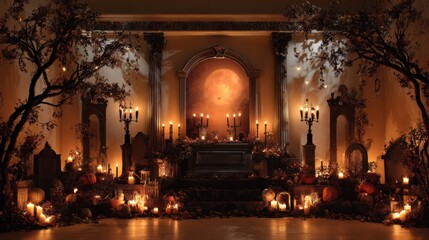Halloween celebration setup festive venue decorative display spooky atmosphere low light seasonal tradition