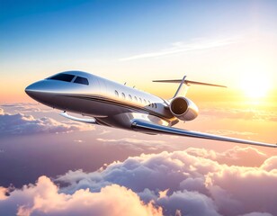 Obraz premium Private jet soaring through clouds at sunrise