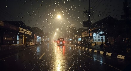 Obraz premium City street at night with car lights and heavy rain atmosphere