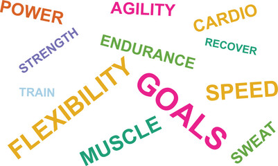 Fitness goals word cloud vector graphic with key concepts of strength, endurance, and flexibility
