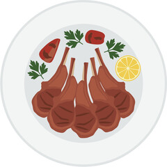 Simple Style Lamb Chop Dinner Plate Illustration with Garnish