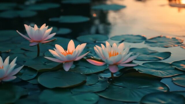 Lotus flowers floating on water surface at sunset