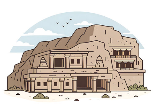 Ellora Caves simple flat vector illustration