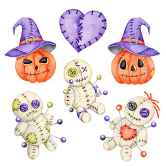 Halloween clipart with stitched voodoo dolls, pumpkins, purple felt heart and sewing pins in watercolor illustration, hand drawn set for party invitations, stickers, scrapbooking, textile and crafts.