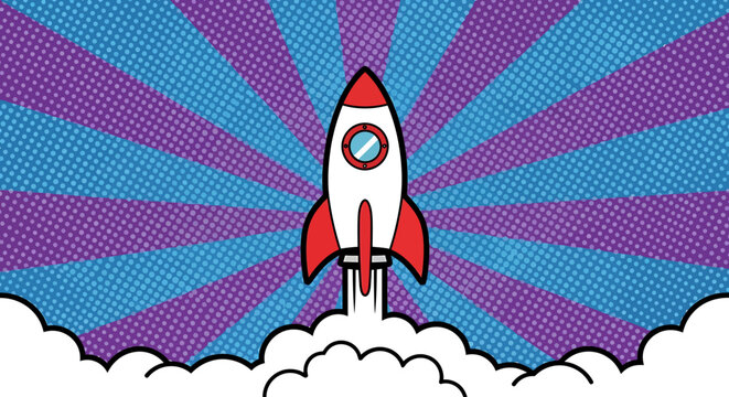 Cartoon rocket launching with red fins, white body, and circular window.