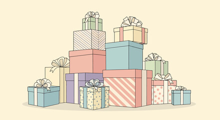 Fototapeta premium Colorful Stack of Gift Boxes with Ribbons and Various Patterns, Hand-Drawn Style.