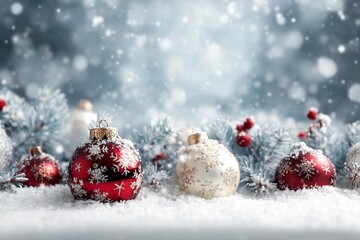 Merry Christmas - Baubles On Snow With Fir Branches