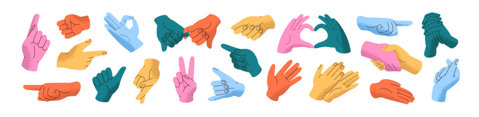 Set of hand gestures. Handshake, thumbs up, heart and pinky promise. Greeting and approval signs. Pointing and crossing fingers. Nonverbal communication. Flat isolated vector illustrations on white