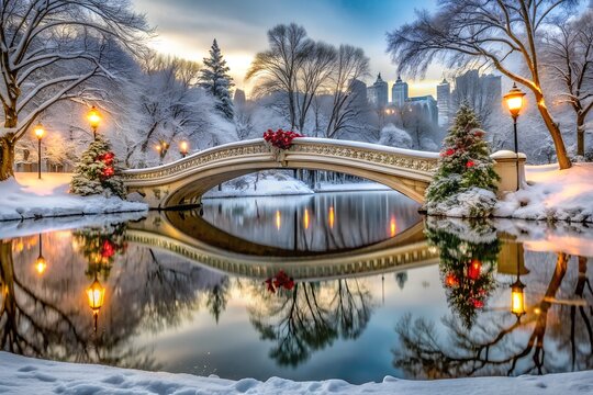 A picturesque winter scene in central park, new york city, with a snowcovered bridge reflecting in the water and festive christmas trees adorned with lights