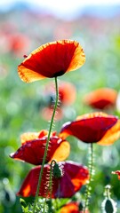 Vibrant red poppies in a field