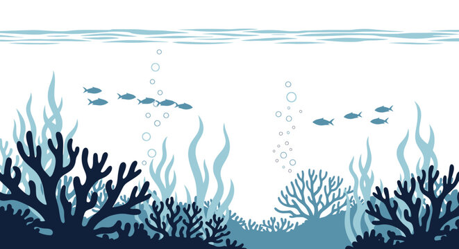 Flat design illustration of a vibrant blue underwater coral reef ecosystem with swimming fish and seaweed.