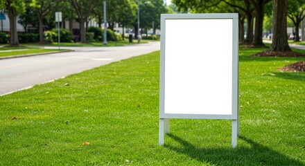 Outdoor blank signboard on lush green lawn, perfect for announcements