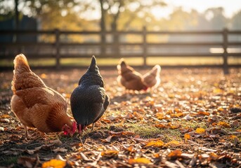 Free-range chickens foraging on a farm at sunset. Hens pecking in autumn leaves during golden hour. Organic farming and rural life scene