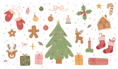 Charming set of hand drawn Christmas elements. Festive holiday design with tree, presents, wreath, Santa hat, gingerbread, candy, red socks and bells. Retro Xmas vector