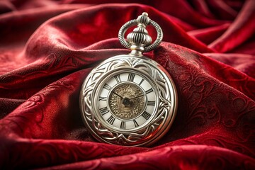 A closeup, detailed shot of an antique silver pocket watch with roman numerals on its face, resting on a luxurious, deep red satin fabric, symbolizing time and elegance