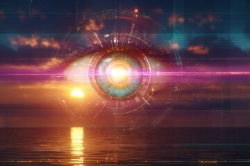 Abstract stylized eye composed of neon geometric shapes